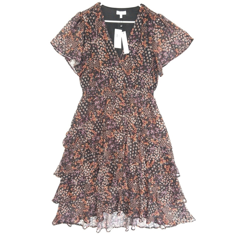 Koko Mason Tiered Chiffon Midi Dress Smocked Waist Brown Floral Womens NWT $128